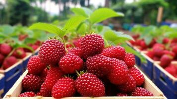 recién escogido salalberry Fruta desde jardín metido en el cajas generativo ai foto