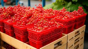 Freshly picked Red currant fruit from garden placed in the boxes. Generative AI photo