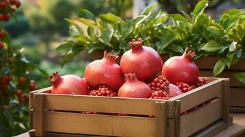 Freshly picked Pomegranate fruit from garden placed in the boxes. Generative AI photo