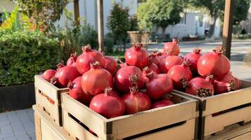 Freshly picked Pomegranate fruit from garden placed in the boxes. Generative AI photo