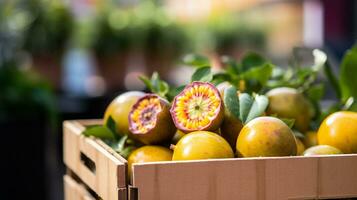 recién escogido pasión Fruta desde jardín metido en el cajas generativo ai foto