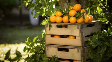 recién escogido mandarín Fruta desde jardín metido en el cajas generativo ai foto