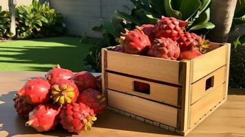 Freshly picked Mangaba fruit from garden placed in the boxes. Generative AI photo