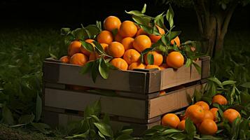 recién escogido mandarín Fruta desde jardín metido en el cajas generativo ai foto