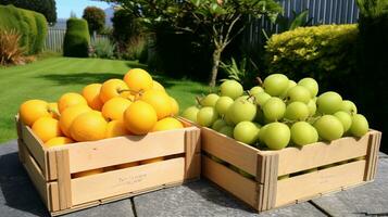recién escogido kiwamo Fruta desde jardín metido en el cajas generativo ai foto