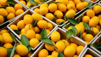 Freshly picked Kumquat fruit from garden placed in the boxes. Generative AI photo