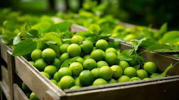 recién escogido Lima baya Fruta desde jardín metido en el cajas generativo ai foto