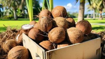 Freshly picked Coconut fruit from garden placed in the boxes. Generative AI photo