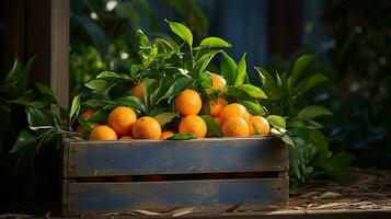 recién escogido clementina Fruta desde jardín metido en el cajas generativo ai foto