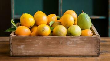 recién escogido cupuacu Fruta desde jardín metido en el cajas generativo ai foto