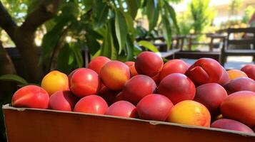 recién escogido chico Fruta desde jardín metido en el cajas generativo ai foto