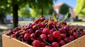 Freshly picked Cherry fruit from garden placed in the boxes. Generative AI photo