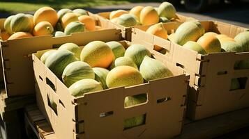 Freshly picked Cantaloupe fruit from garden placed in the boxes. Generative AI photo