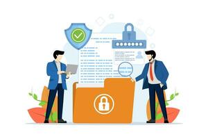 Cyber security concept. Database and personal data security, cyber data security, privacy. people protect personal information with software. flat design concept illustration template on background. vector