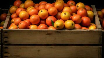 recién escogido caja Fruta desde jardín metido en el cajas generativo ai foto