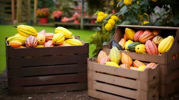 Freshly picked Cacao fruit from garden placed in the boxes. Generative AI photo