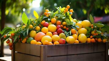 recién escogido buni Fruta desde jardín metido en el cajas generativo ai foto