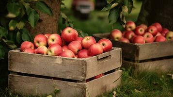 Freshly picked Apple fruit from garden placed in the boxes. Generative AI photo