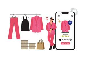 Vector illustration of online shopping. A man in a suit chooses clothes on a smartphone.