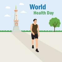 mundo salud día. vector ilustración en plano estilo con un hombre y un Monumento.