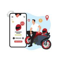 Biker with a motorcycle. Mobile application. Vector illustration in flat style