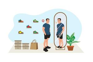 Vector illustration of a man looking at himself in the mirror. Flat style.