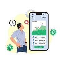 Smartphone with app for bitcoin mining. Flat style vector illustration.