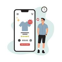 Vector illustration of smartphone screen with man standing in front of it and holding t-shirt