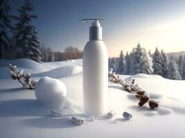 Cosmetics bottle winter product. Generative Ai photo