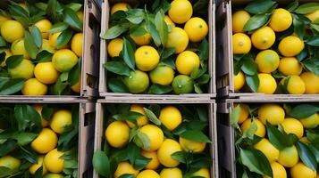 recién escogido Yuzu Fruta desde jardín metido en el cajas generativo ai foto