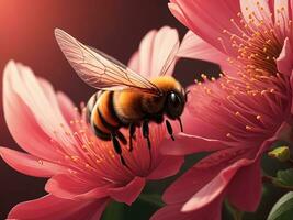 Crimson blossom, a bee Background. Generative Ai photo