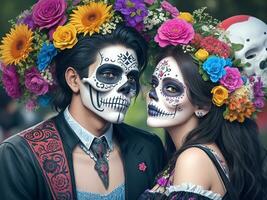 Young Couple Celebration Of Day Of The Dead. Generative Ai photo