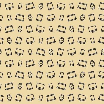 Seamless vector pattern technique on a beige background. Contour icons of laptop, monitor, phone, smart watch.