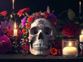 Day Of The Dead. Skull With Flowers. Generative Ai photo