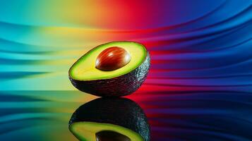 Photo of Avocado fruit half against a colorful abstract background. Generative AI