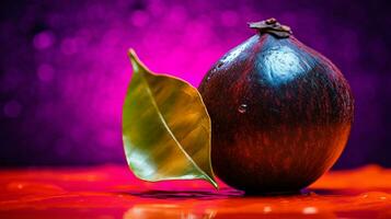 Photo of Black sapote fruit half against a colorful abstract background. Generative AI