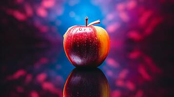 Photo of Apple fruit half against a colorful abstract background. Generative AI