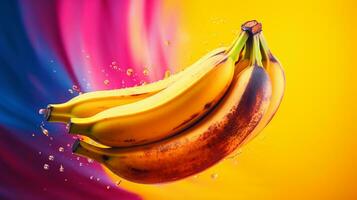 foto de plátano Fruta medio en contra un vistoso resumen antecedentes. generativo ai