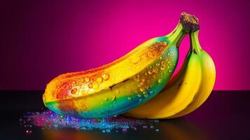 foto de plátano Fruta medio en contra un vistoso resumen antecedentes. generativo ai