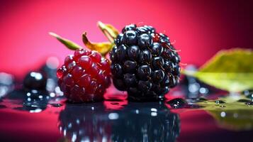 Photo of Blackberry fruit half against a colorful abstract background. Generative AI