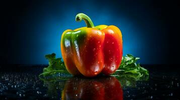 Photo of Bell pepper fruit half against a colorful abstract background. Generative AI