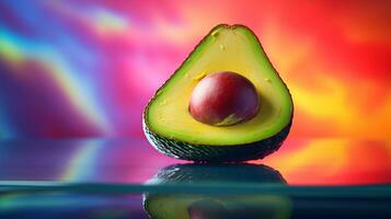 Photo of Avocado fruit half against a colorful abstract background. Generative AI