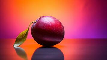 Photo of Batako plum fruit half against a colorful abstract background. Generative AI