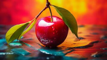 Photo of Acerola fruit half against a colorful abstract background. Generative AI