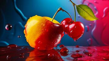 Photo of Acerola fruit half against a colorful abstract background. Generative AI