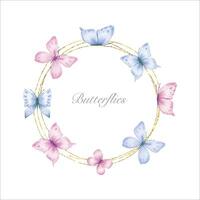 Wreath with abstract purple butterflies, watercolor. Background with butterflies. vector