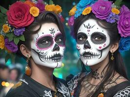 Young Couple Celebration Of Day Of The Dead. Generative Ai photo