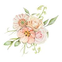 Flower bouquet. Watercolor composition of delicate flowers and leaves vector
