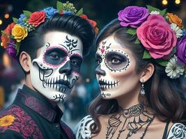 Young Couple Celebration Of Day Of The Dead. Generative Ai photo