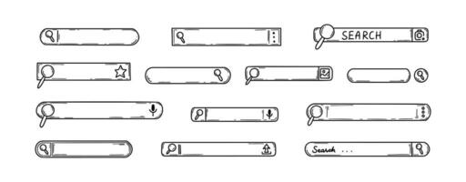 Doodle search bar set. Hand drawn internet information find. Website browser box sketch. Magnifying glass button. Computer interface vector